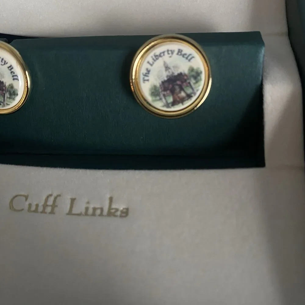 Vtg Stephen Barlow Cuff Links Cufflinks Gold Tone Liberty Bell Independence Day